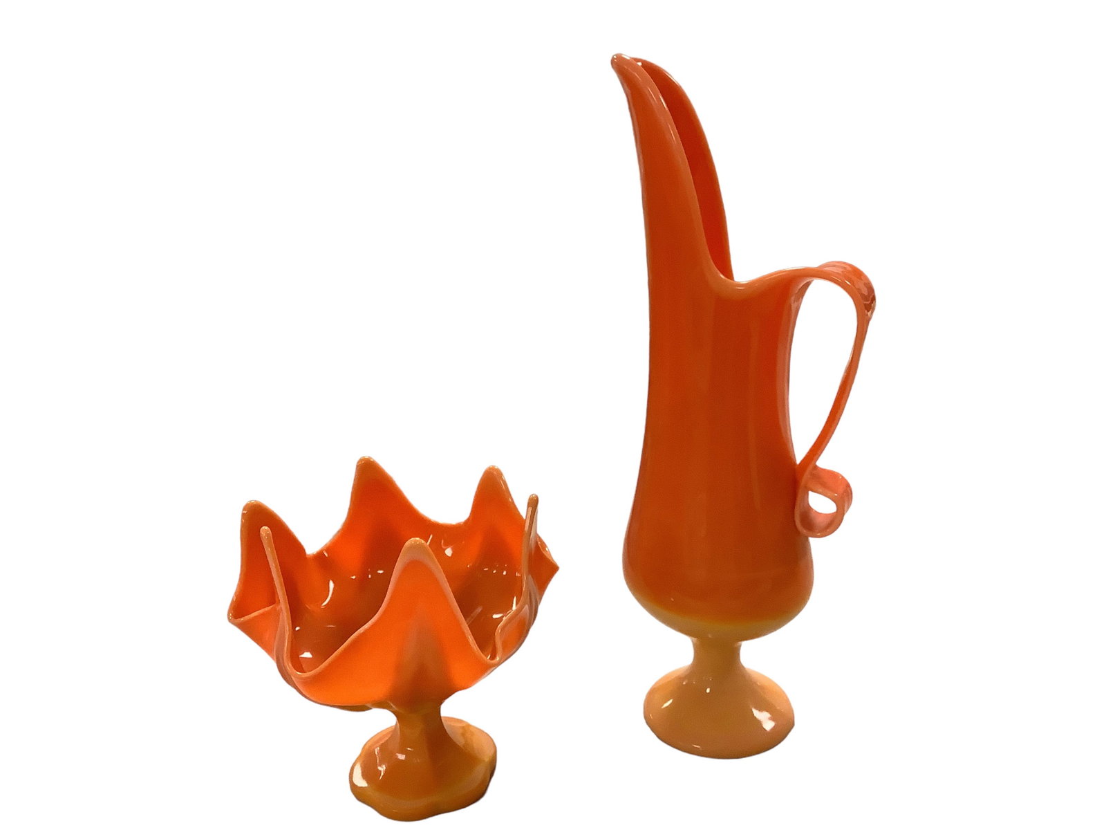 Rare (2) Pieces of Bittersweet Slag Glass Pitcher and 6 Petal Handkerchief Vase. (1 of 2)