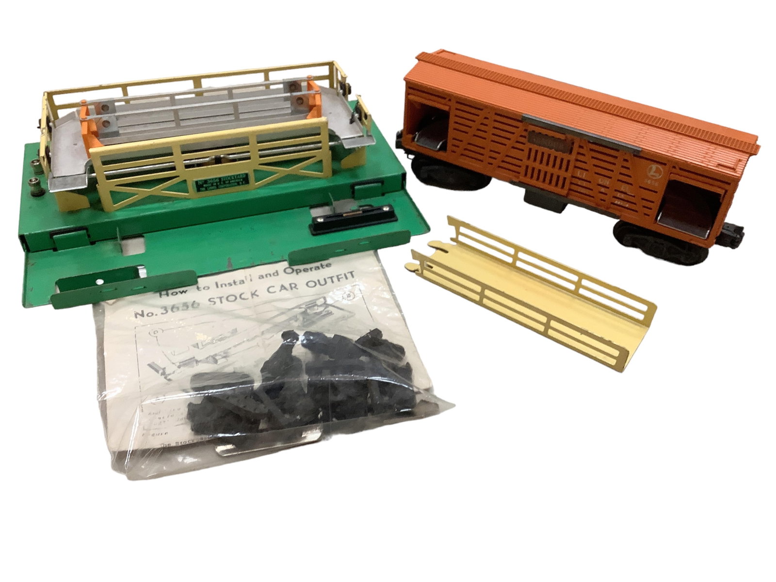 Lionel Postwar "O" Gauge Stockyard with Operating Car: Lionel Postwar "O" Gauge Stockyard with Operating Car #3656 Stockyard #3656 Amour operating stock car with (9) cattle