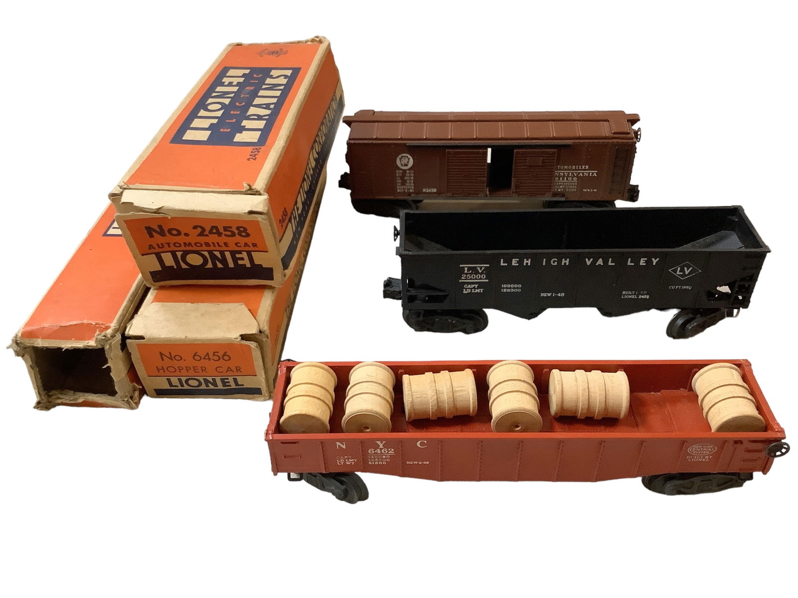 Lionel Post-War "O" Gauge Automobile, Hopper and Bay Hopper w/Boxes: Lionel Post-War "O" Gauge Automobile, Hopper and Bay Hopper w/Boxes#6456 Hopper Car#2458 Automobile Car#25000 Lehigh Valley