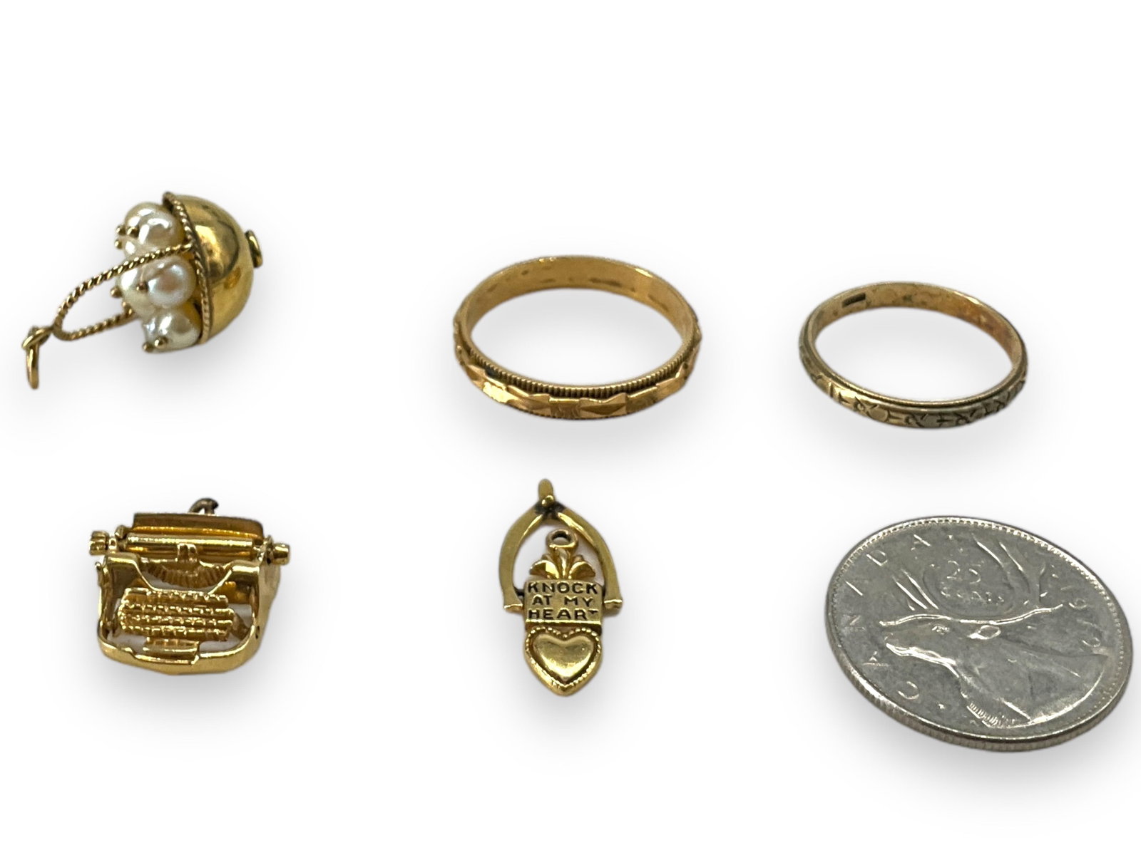 Two Rings, Three Small Gold Charms, Foreign Coin (1 of 4)