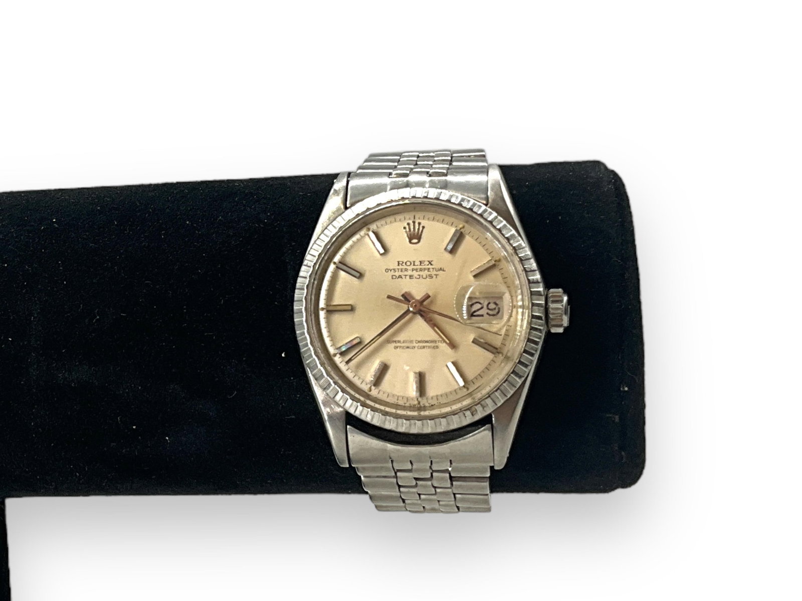 Rolex Oyster Perpetual Datejust Chronometer Wrist Watch: Rolex Oyster Perpetual Datejust Chronometer Wrist WatchStainless steel case and band, jubilee bracelet, 34mm, sets and runs at the time of listing, automatic mechanical movement, 1600 series, fluted b
