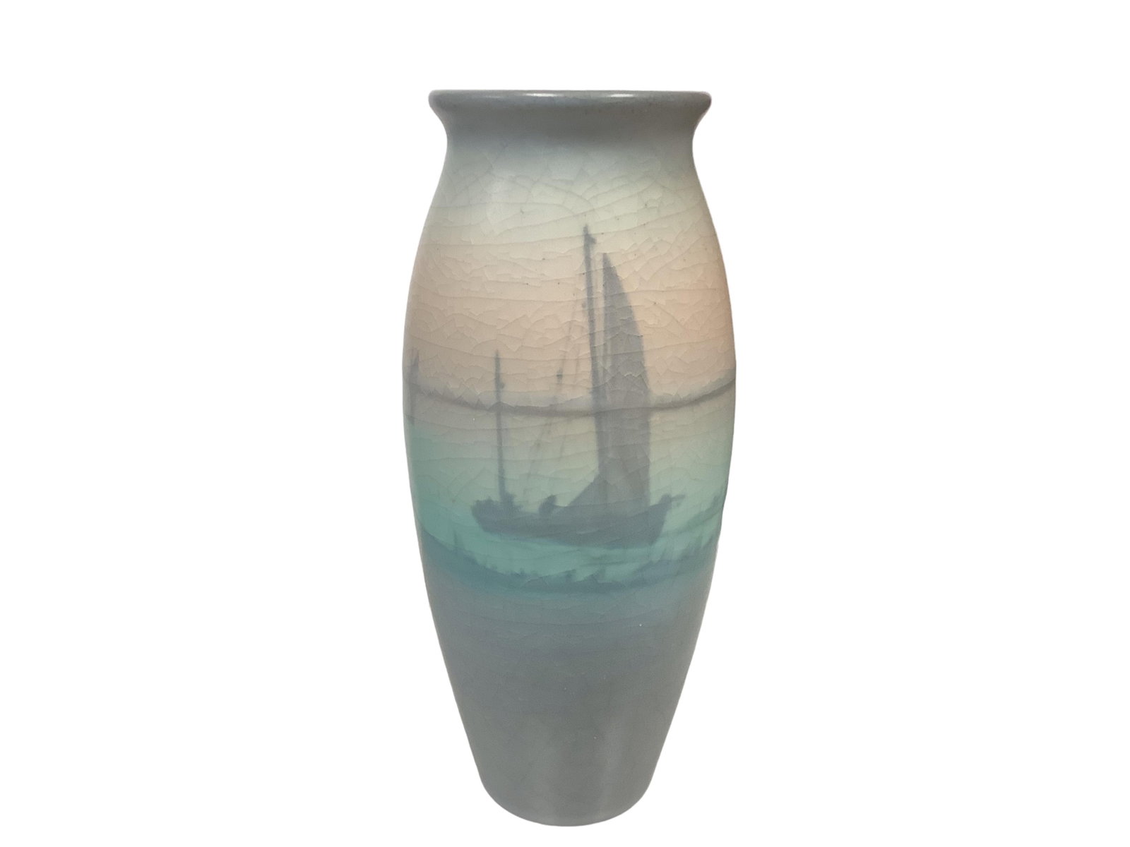 Rookwood Incised #233 8.5" tall: Rookwood Incised #233 Landscape with sail boats on the water at sunset. Sallie E. Coyne, dated 1912. 8.5" tall