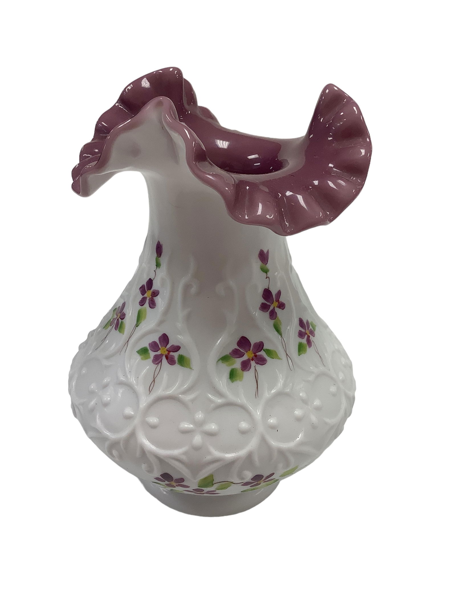 Hand Painted Signed Violet Vase: Hand Painted Signed Violet VasePurple on the inside, white on the outside with purple flowers.