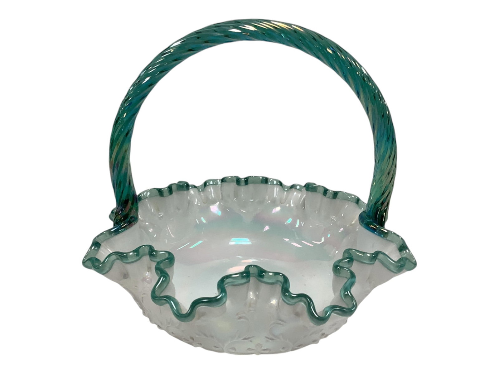 Fenton Glass Art Basket Dish: Fenton Glass Art Basket Dish This dish is pearlescent white with a teal edge and handle.