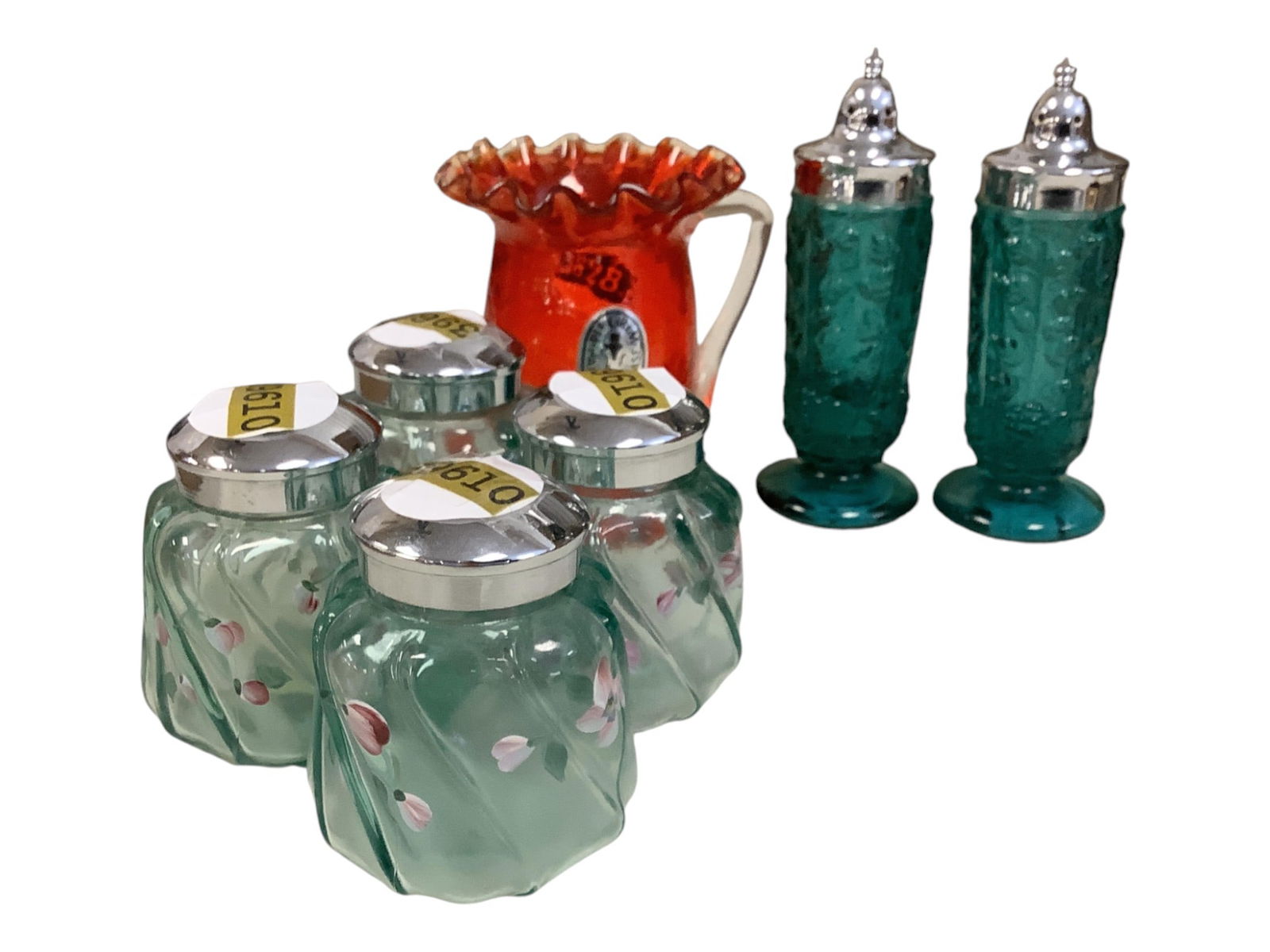 Assorted Fenton and Pilgrim Glass (7) Cup 3.5". Shakers 4.5" and 2.5" (1 of 5)