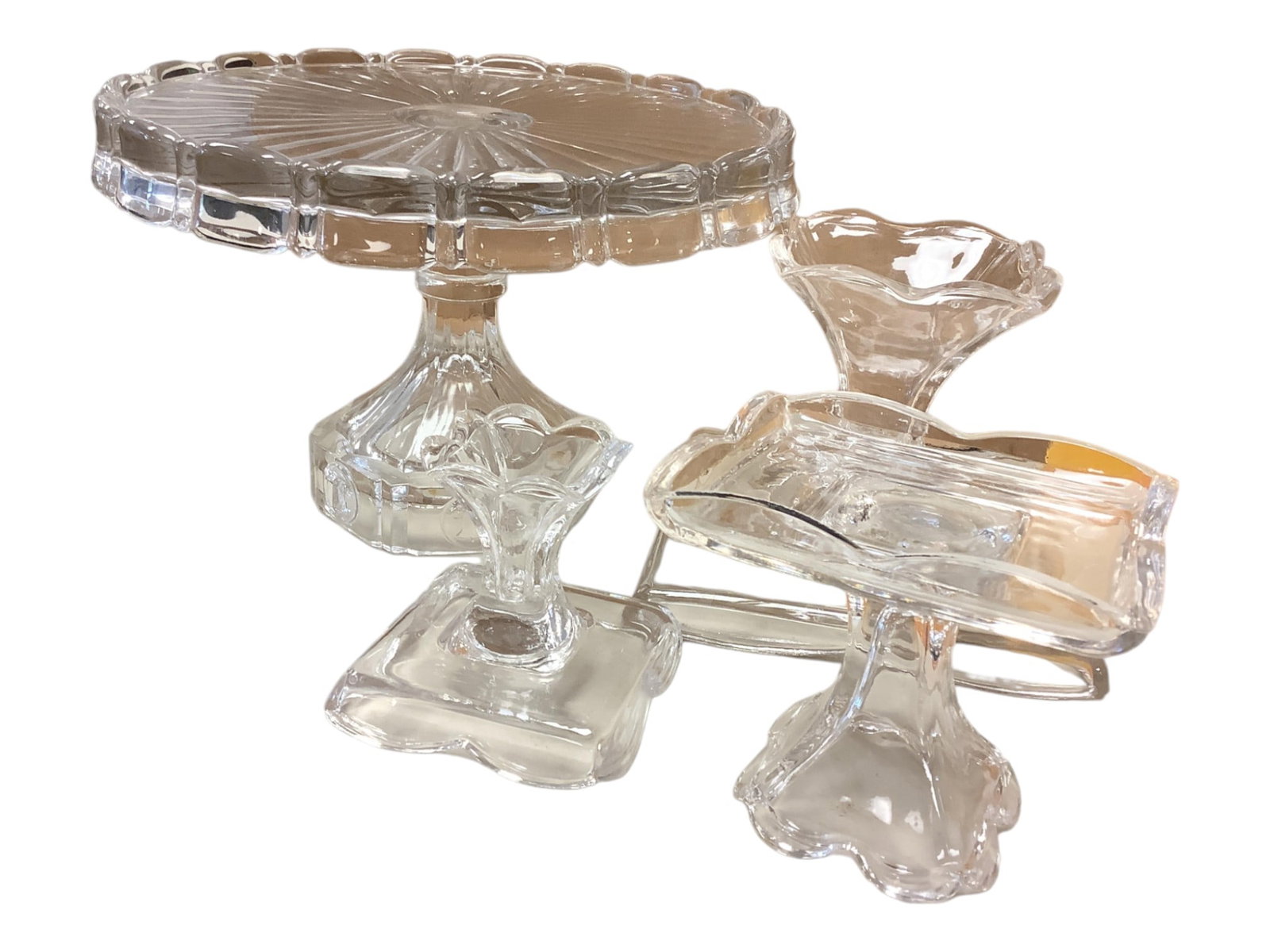 (3) Tiered Glass Candle Holders and Fostoria Cake Stand (1 of 4)