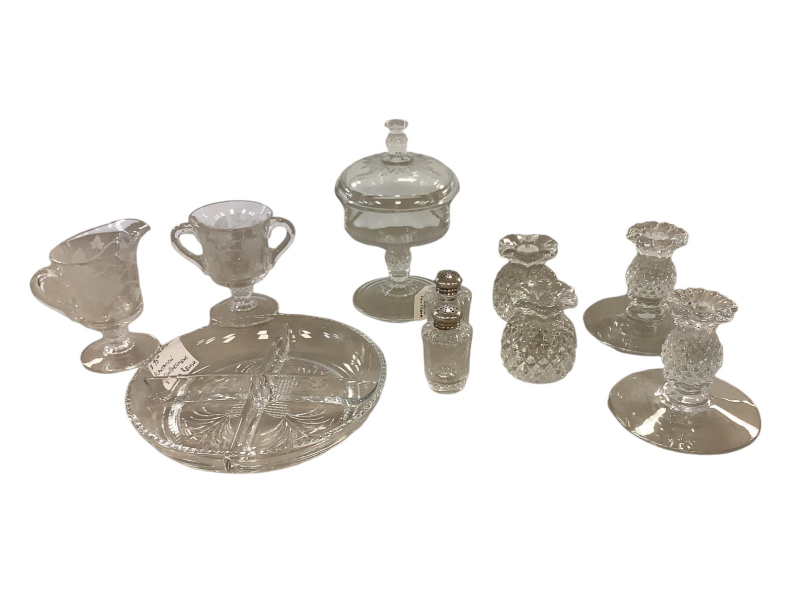 Heisey Plantation Table Accessories: Heisey Plantation Table Accessories4-compartment relish tray 8" diameter with pineapple design. Other items range from 3.25"-8" high.