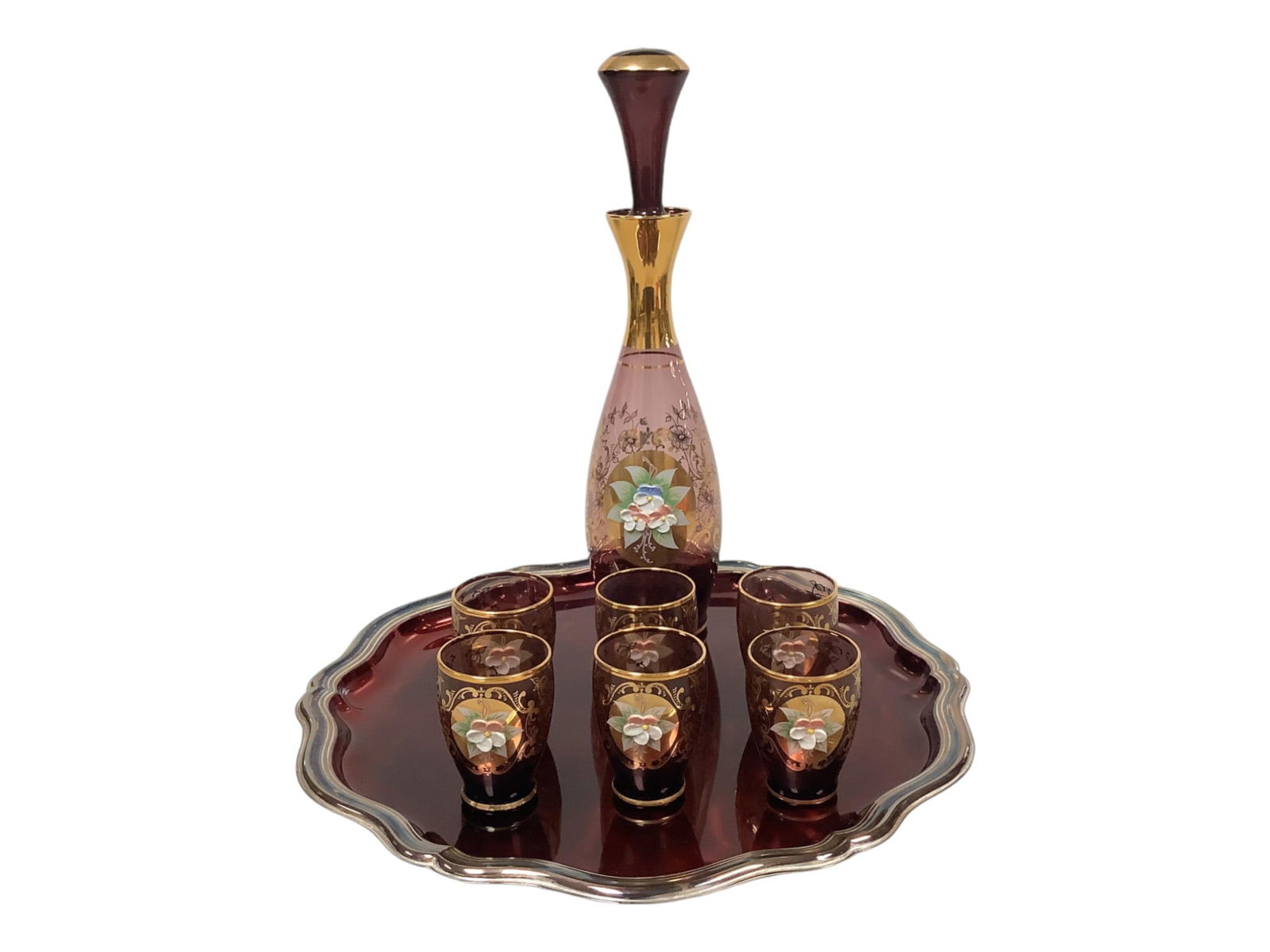 Venetian Purple Glass Decanter, Stopper, Tray & Six Shot Glasses Approx height range: .5" to 11.75" (1 of 5)