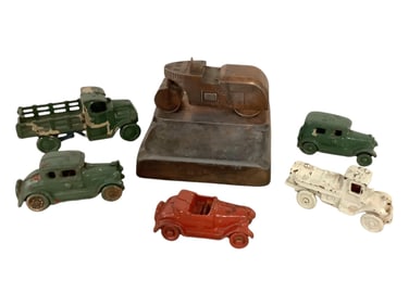 Vintage Cast Iron Toy Cars and Trucks and Ash Tray Height range 1.5" to 4"