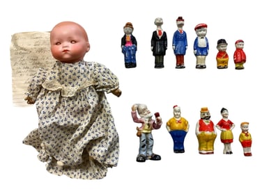 China Head Doll and 11 Figurines Figures are 2.5" to 5" tall; the doll is 11" long