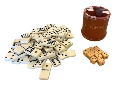 Bakelite Dominoes and Dice with Leather Shaker