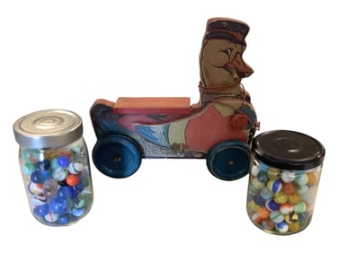 (2) Small Jars of Marbles & Vintage Duck Pull Toy
