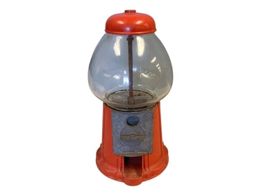 Vintage Red Metal and Glass Gumball Machine 15 1/2 in. (39.4 cm.)