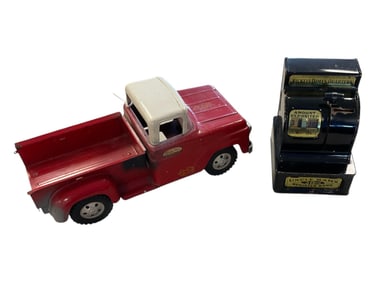 Tonka Toy 1960's Red Pick Up Truck and Vintage Uncle Sam's 3 Coin Cash Bank Toy