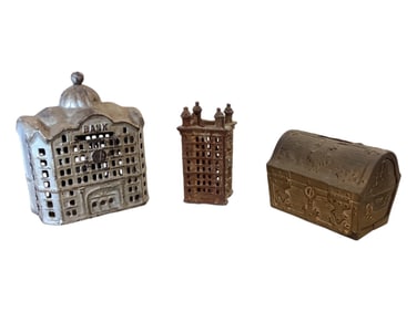 (3) Antique Cast Iron Coin Banks