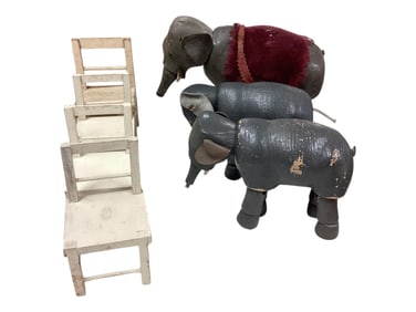 (3) Schoenhut Wood Jointed Elephants & (4) Schoenhut Chairs Mama 6 1/2" H babies 4 1/2" H. Chairs 5"