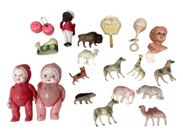 Collection of Celluloid Dolls - Animals and Toys Big Doll 7 1/2" H Bear - Bear 1 1/2" H