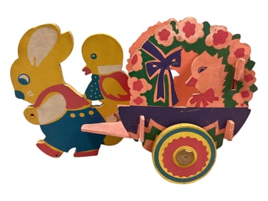 Wood Easter Bunny Pulling a Cart with Chicks & Flowers 15" L x 10 1/4" H