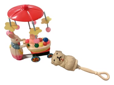 Celluloid Baby Rattle and Wind Up Bunny Merry -Go -Round