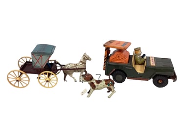 Lot Including Tin Friction Jeep - Tin Wind Up Dog & Tin Horse Drawn Buckboard Jeep 7 1/2" L x 4" H -