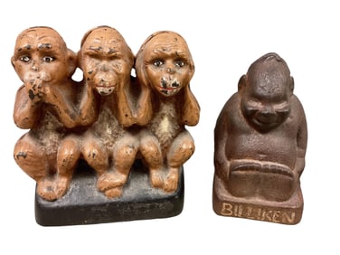 Billiken & See Hear Speak No Evil Monkeys Cast Iron Coin Banks 3 monkeys 4 3/4" H