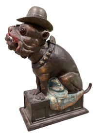 Reproduction Mechanical Bull Dog Cast Iron Coin Bank 8 1/2" H