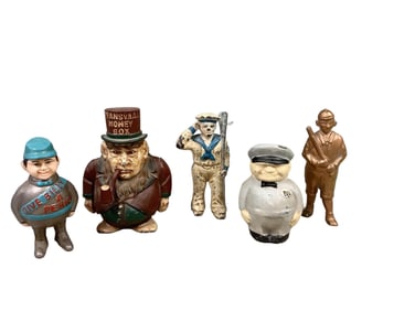 (5) Vintage Cast Iron Figural People Banks
