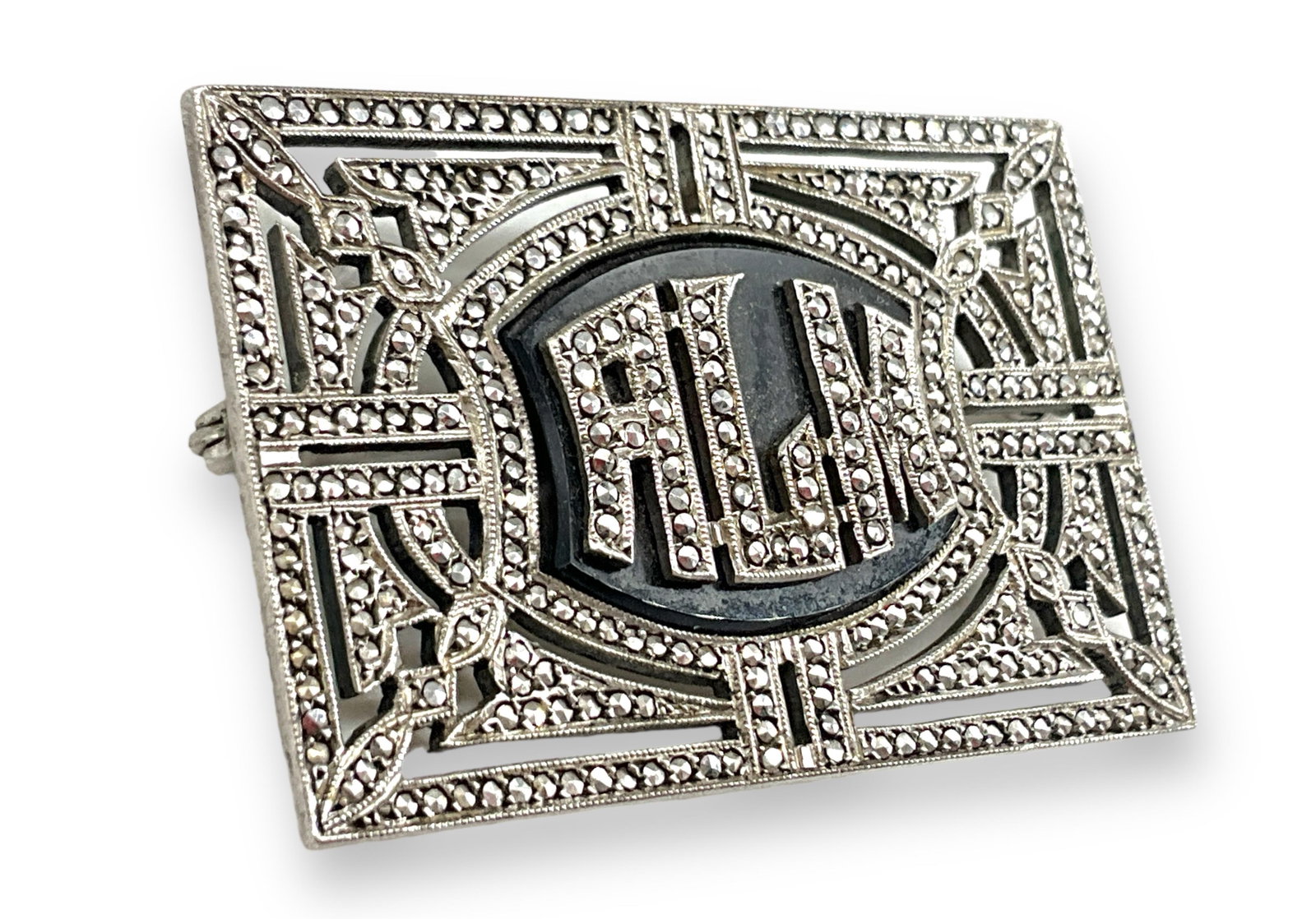 Vintage Silver Initial Pin w/Onyx and Marcasites (1 of 4)