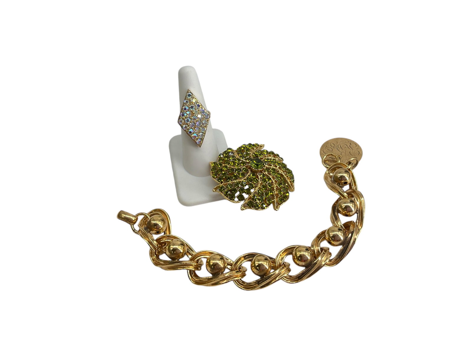 Signed "Leo Glass" Retro Fashion Bracelet w/Charm, Vintage Signed "Weiss" Sparkling Green Pinwheel B (1 of 9)