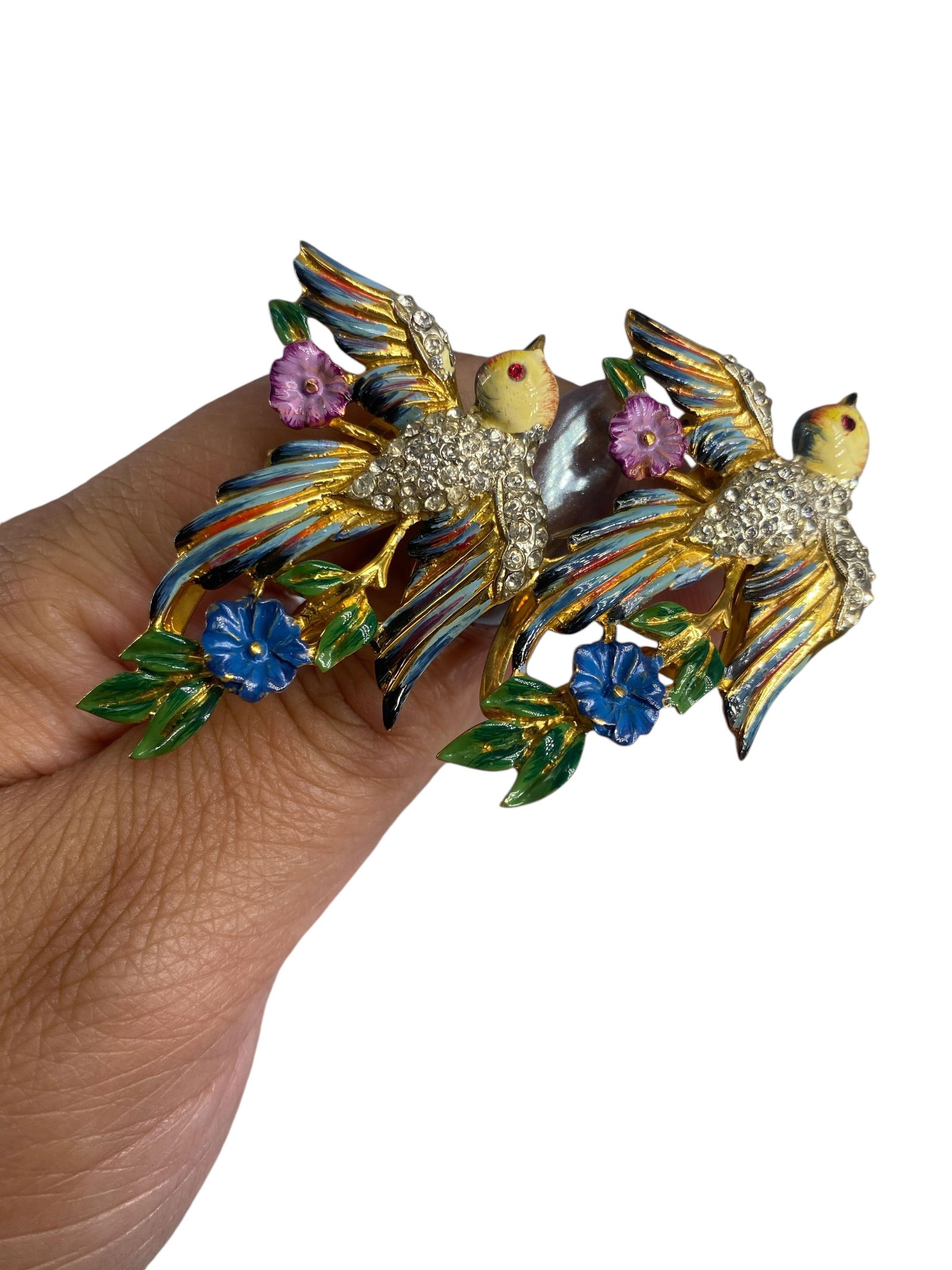 Vintage Signed "Coro Duette" Brooch in Marked "Sterling": Vintage Signed "Coro Duette" Brooch in Marked "Sterling"Vintage brooch is hallmarked "Coro Duette Sterling" and tests silver with a gold-tone finish. Piece is styled as two colorful birds and articula