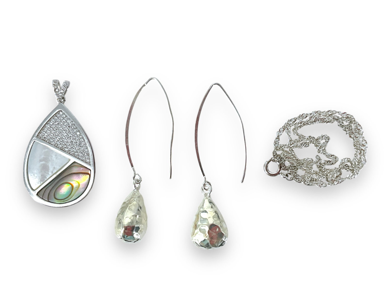 Silver Necklace w/Abalone and Mother-of-Pearl & Silver Drop Earrings: Silver Necklace w/Abalone and Mother-of-Pearl & Silver Drop EarringsTested silver necklace chain is approx 16" long and has a twist link and weighs 1.42 grams, chain needs a ring added on end of the c