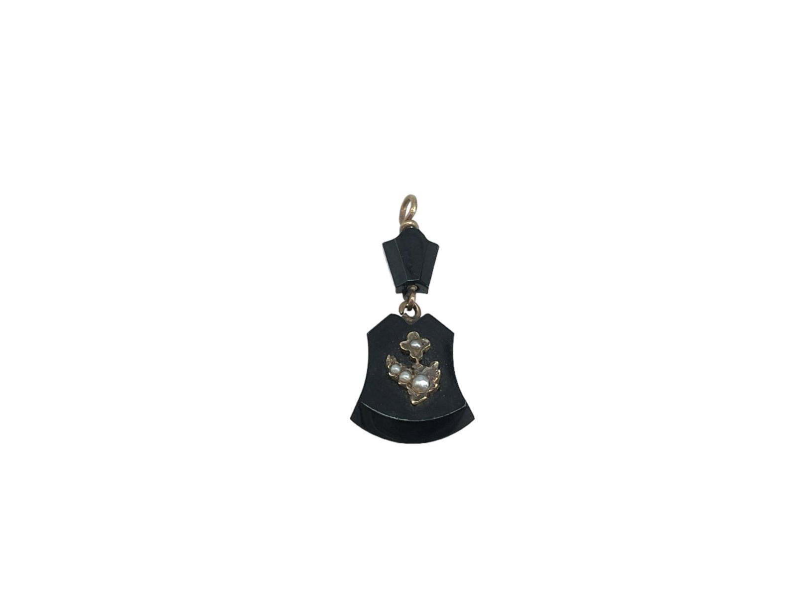 Victorian Onyx & Seed Pearl Mourning Pendant: Victorian Onyx & Seed Pearl Mourning Pendant Measuring (31.5mm) in length with floral design in center and four seed pearls, small chip on reverse, gold filled hardware.