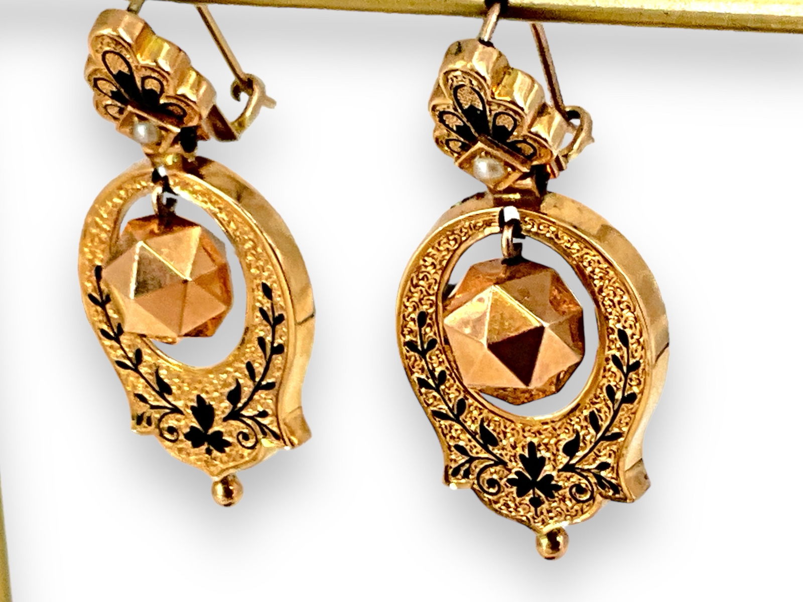 14kt Yellow Gold Dangle Earrings with Black Enamel Overlay (1 of 5)