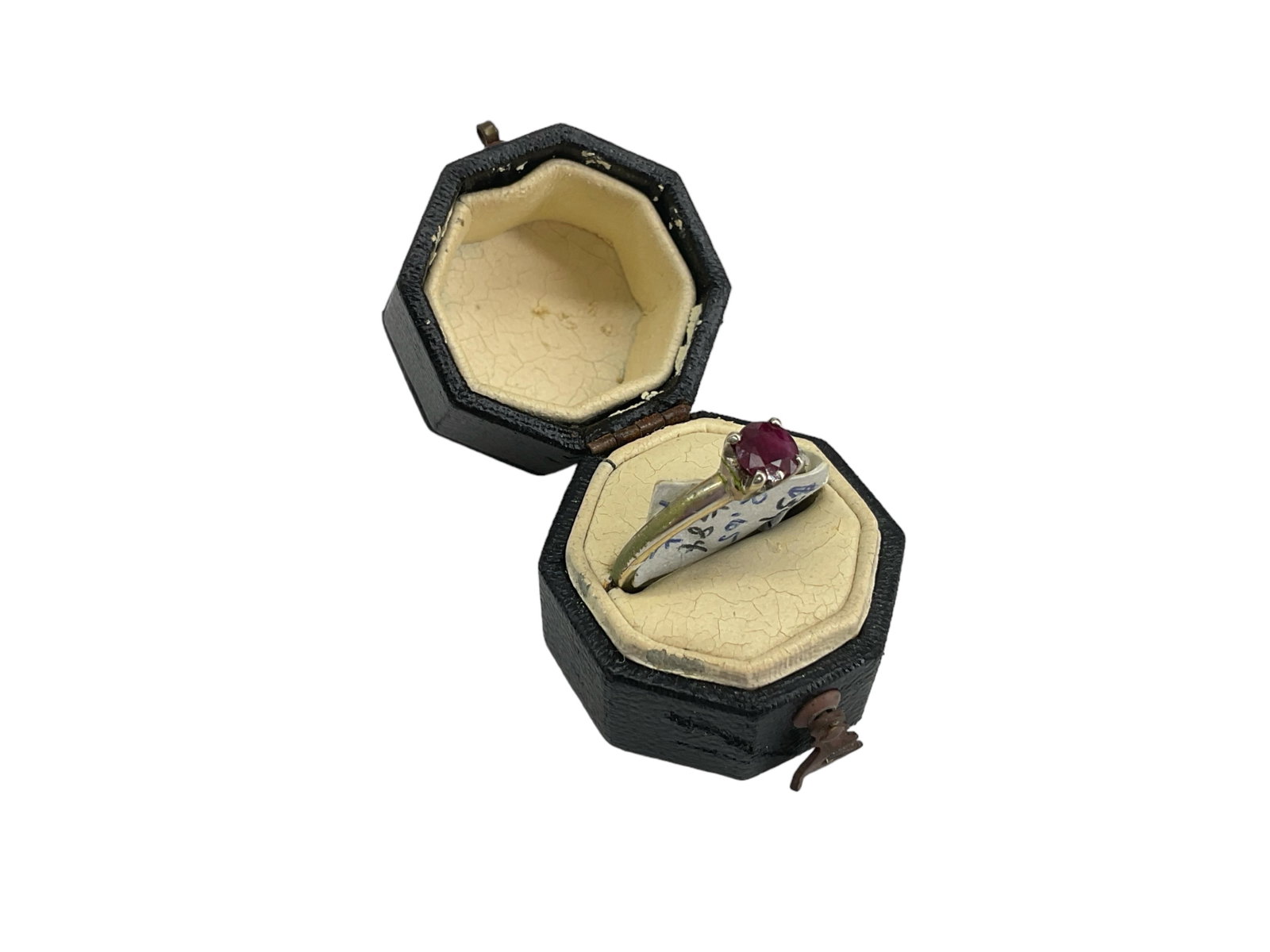 (1) Box With Ring: (1) Box With Ring Size (4.5) with (4.8mm) red ruby center stone in four prong setting, with original tag, 14kt white gold (2.1 grams tw). Listed as Y/M at bank