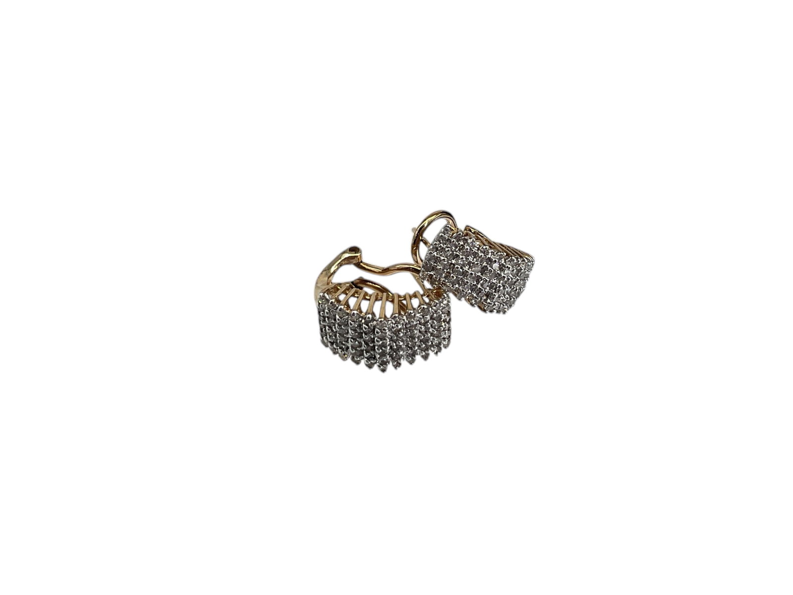 10kt Yellow Gold Earrings with Diamonds: 10kt Yellow Gold Earrings with Diamonds With six rows of melee size diamond rounds in 10kt gold, pierced style with hinged backings, 16.5mm in length, 5.7 grams total weight, with 132 melee size diamo