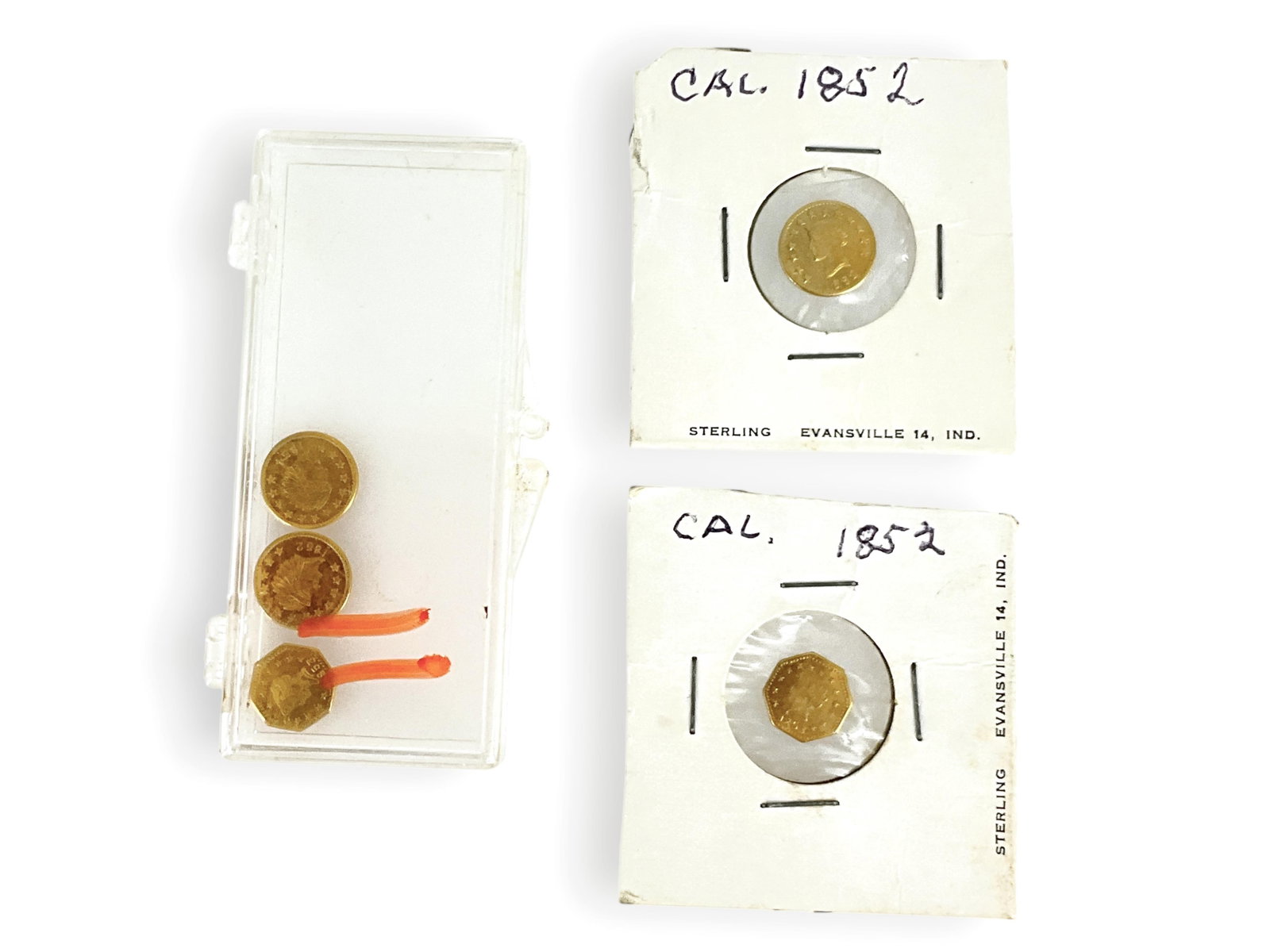 Imitation California "Gold" Tokens: Imitation California "Gold" Tokens Tested copper composition with gold plating, five in total with various designs, small size, all imitation/novelty designs.