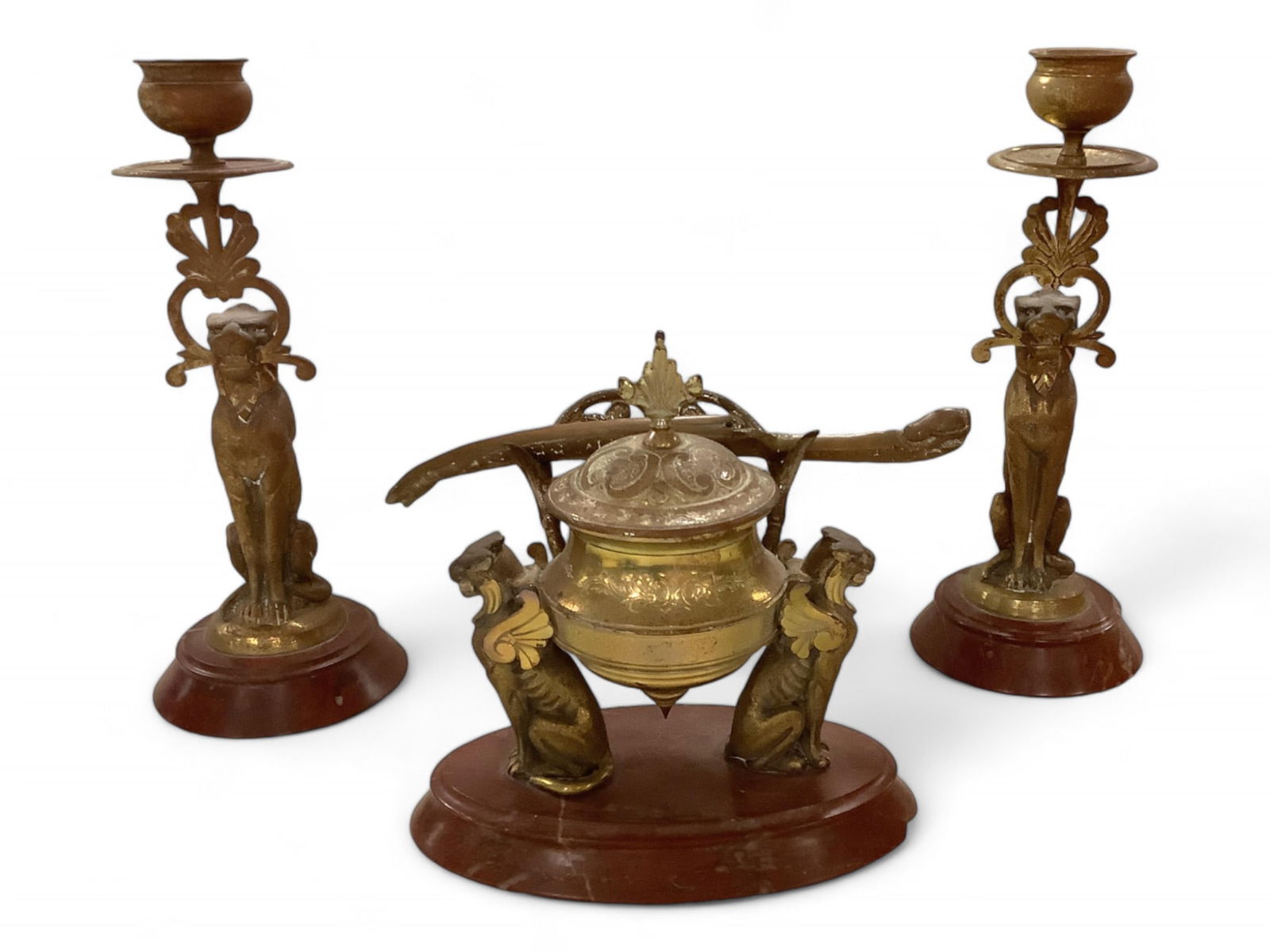 Asian Brass or Bronze Inkwell, Letter Opener and Candlesticks (1 of 5)