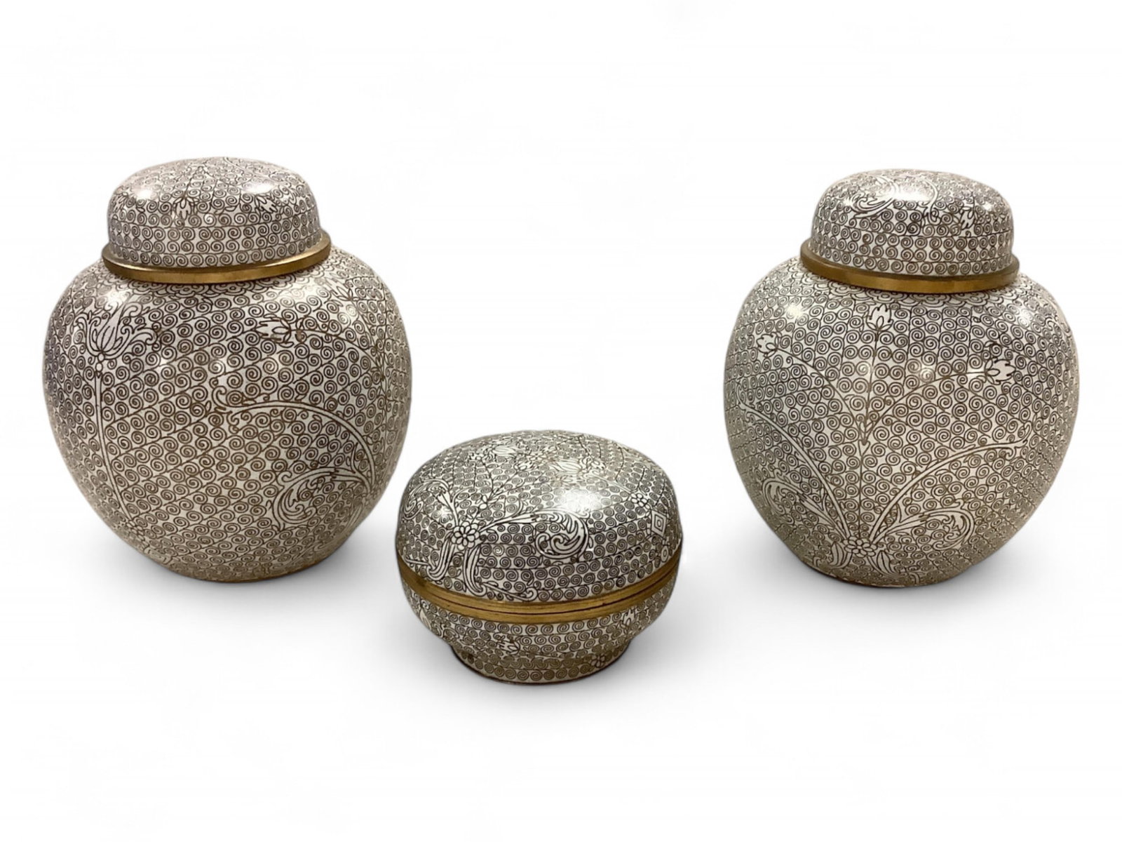 Asian Enameled Metal Ginger Jars and Covered Trinket Dish: Asian Enameled Metal Ginger Jars and Covered Trinket Dish Ginger jars are 5" tall.