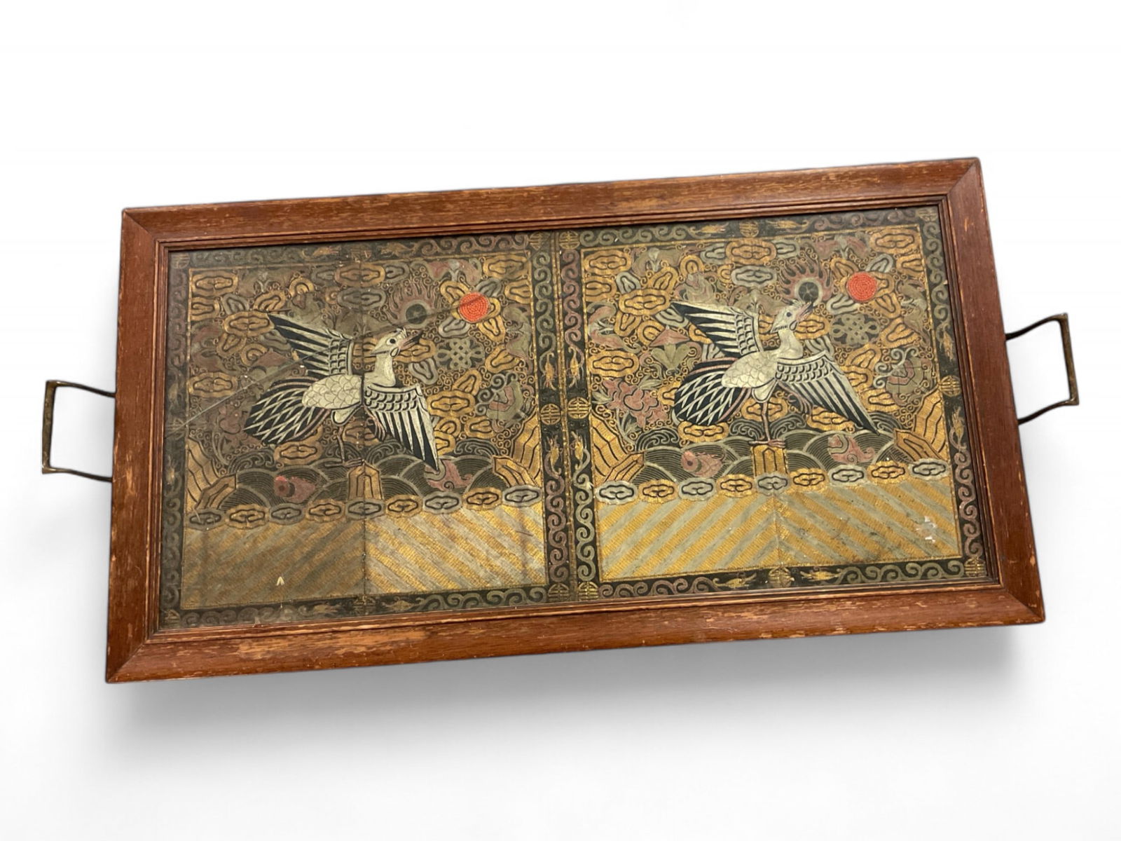 Egret Silk Embroidered Tray with broken Glass. (1 of 3)