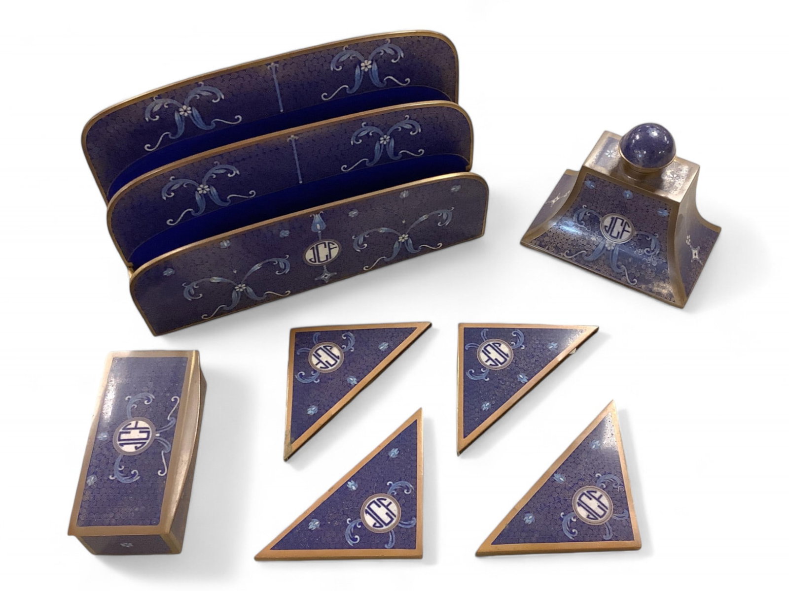 Desk accessories with JCF monogram: Desk accessories with JCF monogramLetter holder 5" high with removable divider. Ink well, organizer and desk blotter corners