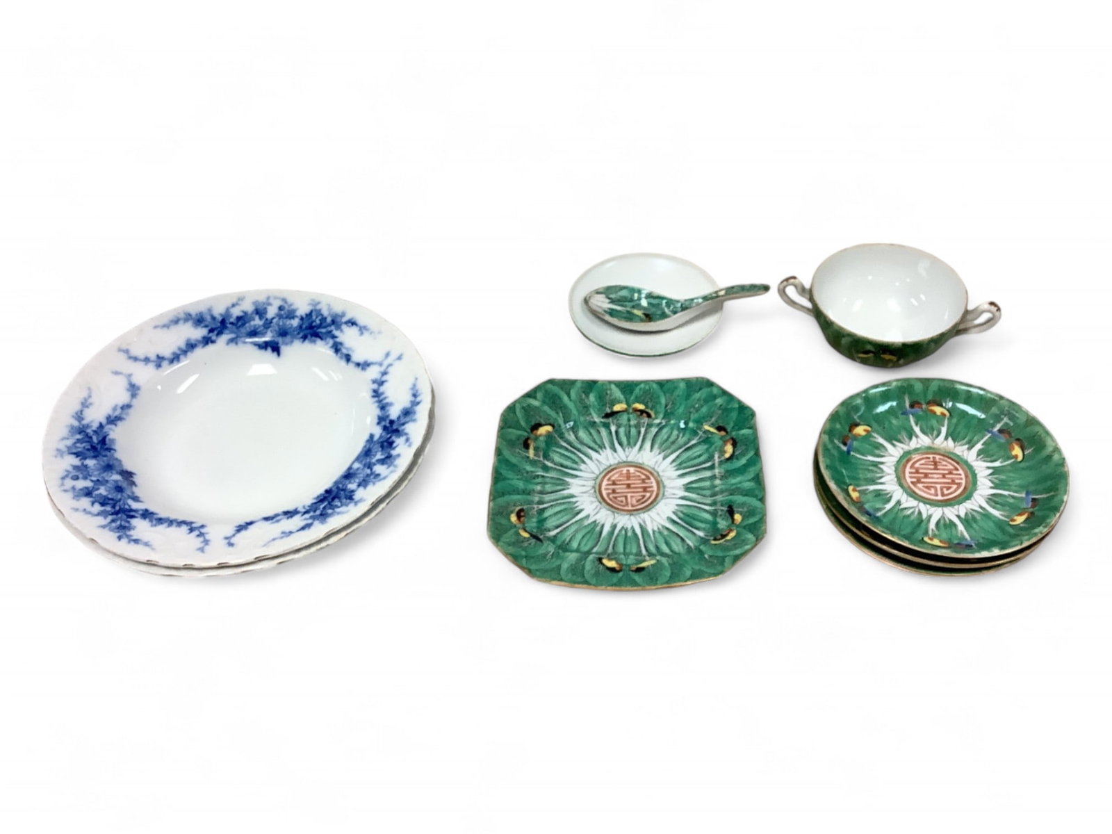 Vintage Porcelain Bok Choy Dish Set and Dinner Plates Height range .75" to 9": Vintage Porcelain Bok Choy Dish Set and Dinner Plates Vintage Porcelain Bok Choy Dish Set and Dinner Plates: including sugar bowl Height range .75" to 9"