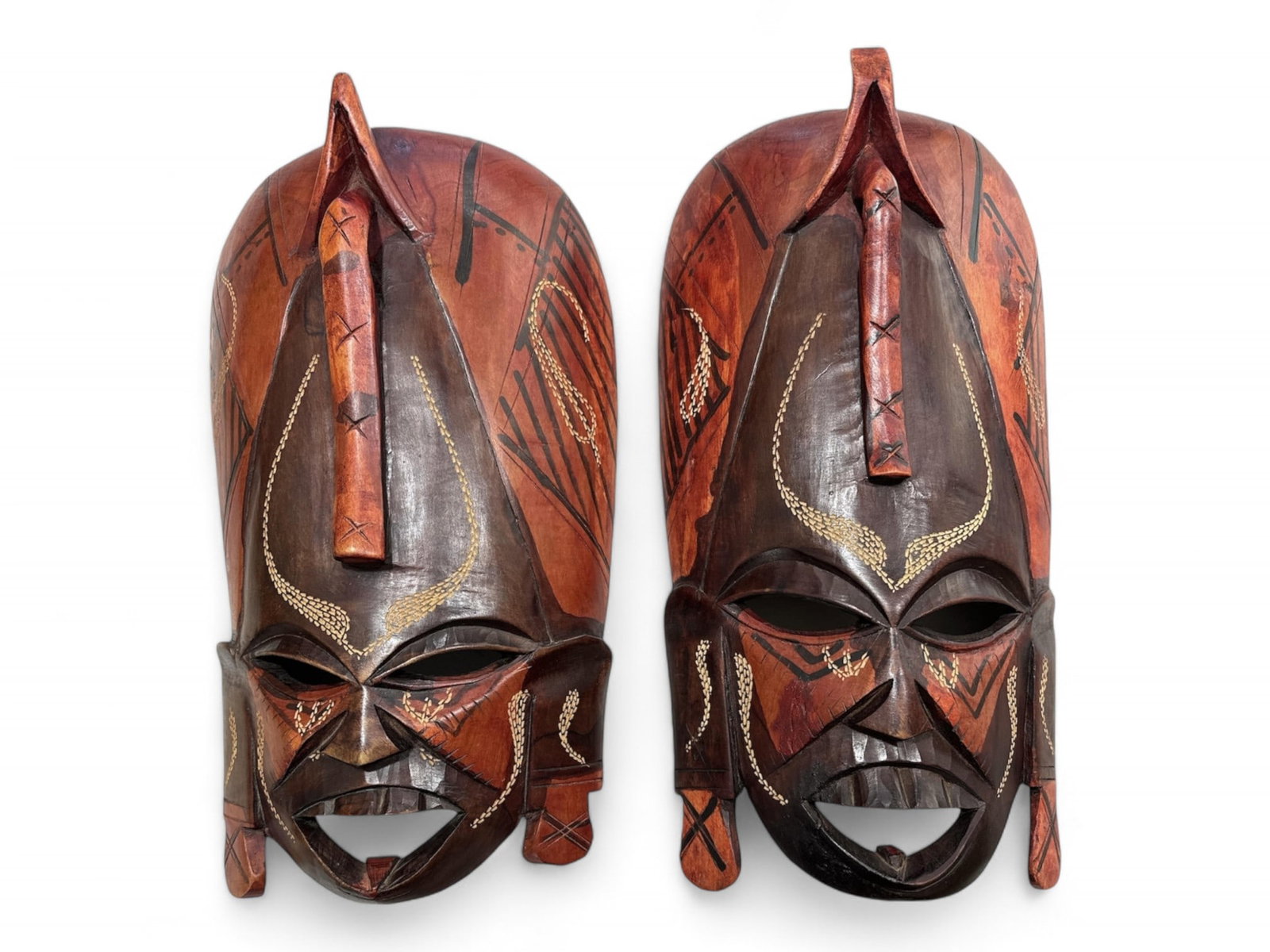 Carved and Stained Wooden African Masks: Carved and Stained Wooden African Masks Approx 15" high