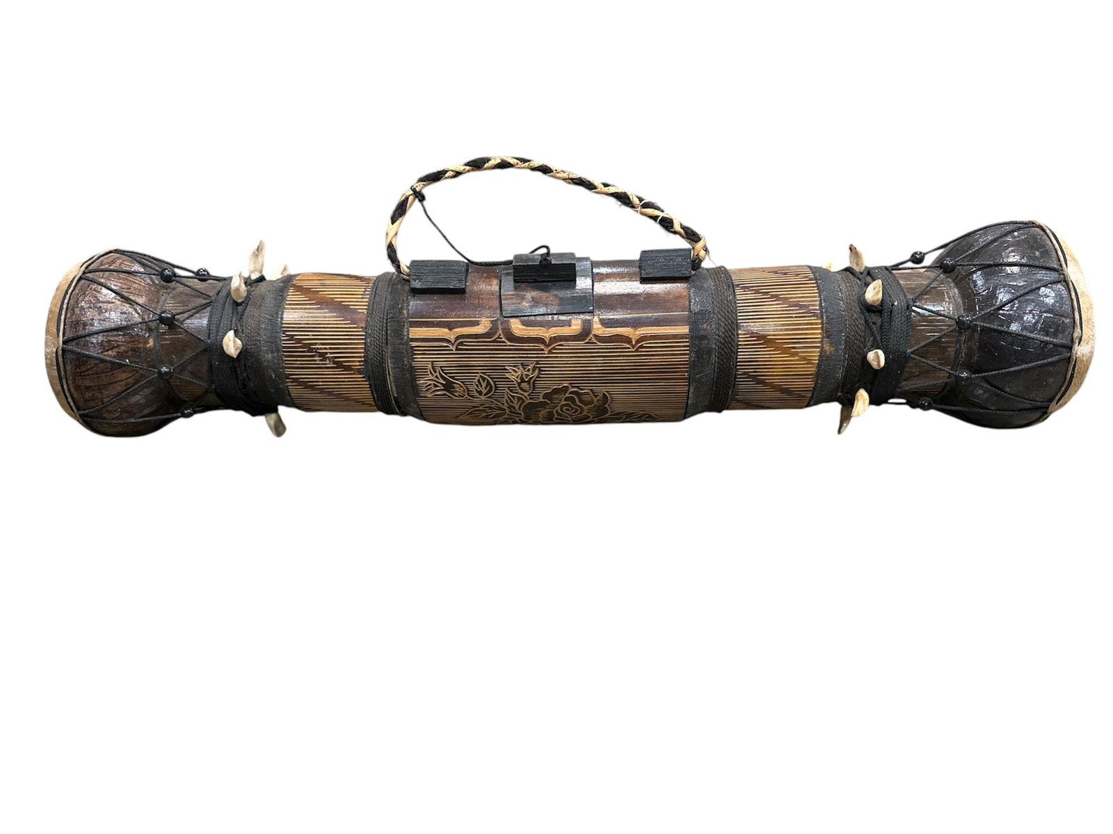 African Djembe - Double End Talking Drum 25 1/2 in. (64.8 cm.): African Djembe - Double End Talking DrumYes, those are teeth.25 1/2 in. (64.8 cm.)