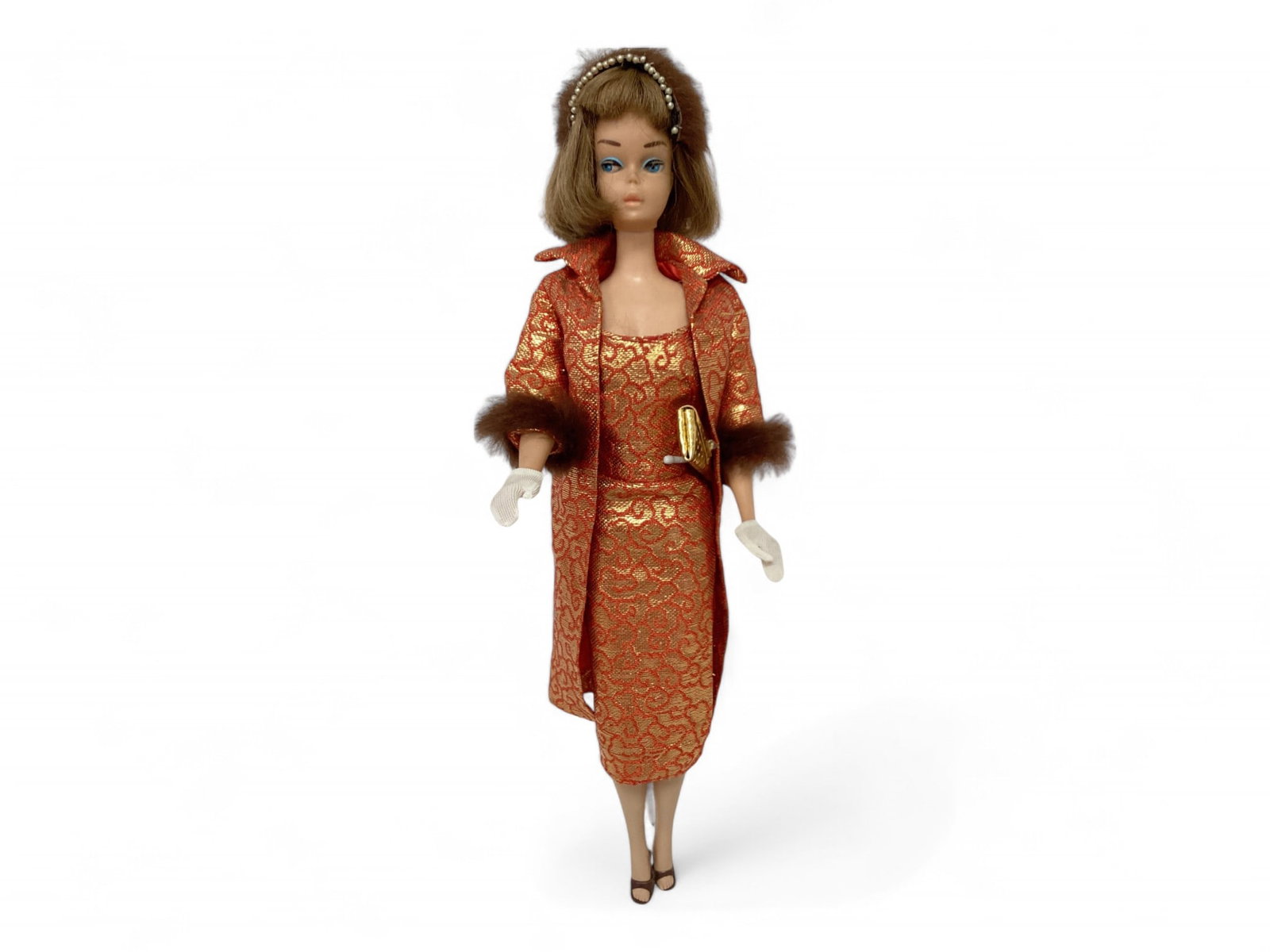 Gorgeous American Girl Barbie w/ Golden Elegance Outfit: Gorgeous American Girl Barbie w/ Golden Elegance Outfit (1) American Girl Barbie with longer brown hairstyle - no green ear - no neck splits - pretty makeup - legs bend and holds - fingernails polishe