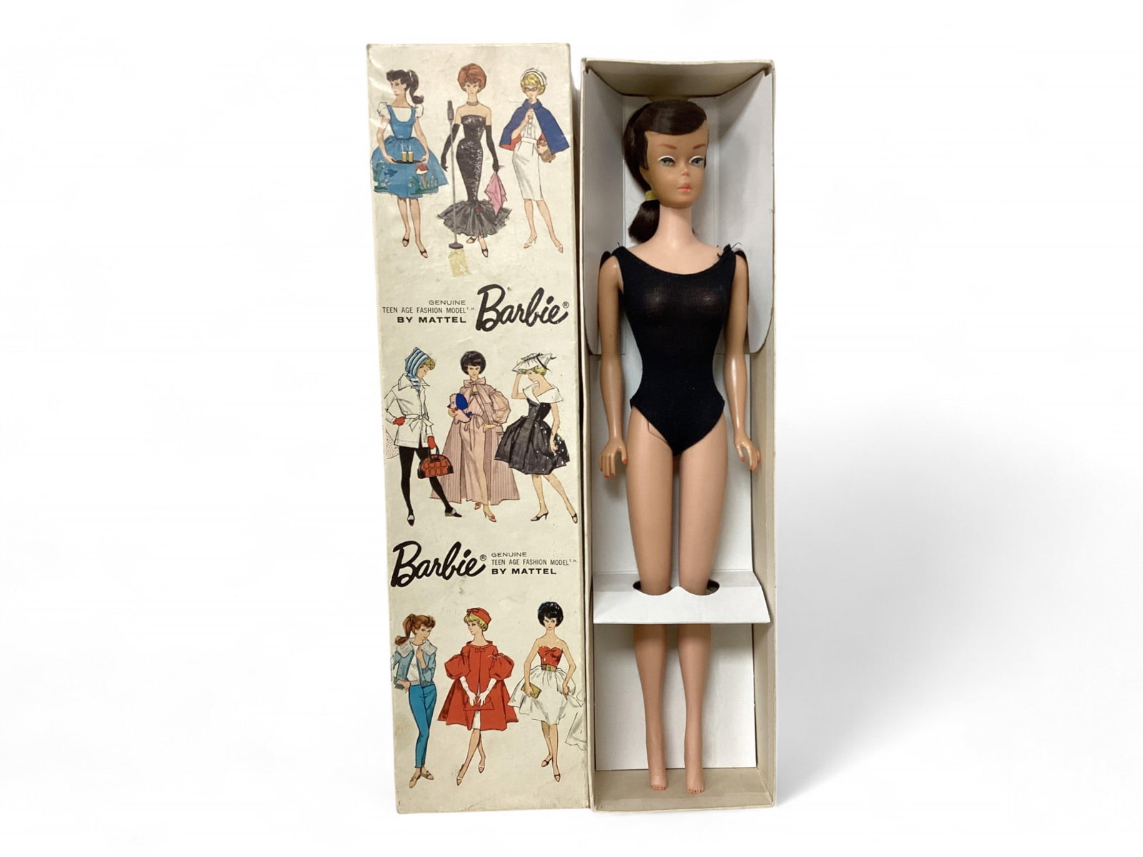 Beautiful Side Part Ponytail Barbie w/ Box: Beautiful Side Part Ponytail Barbie w/ Box (1) Very pretty brunette side-part Barbie w/ fingernails and toes are polished, no neck split, body clean, lip rub, may/may not be a redo on her hair. Barbie