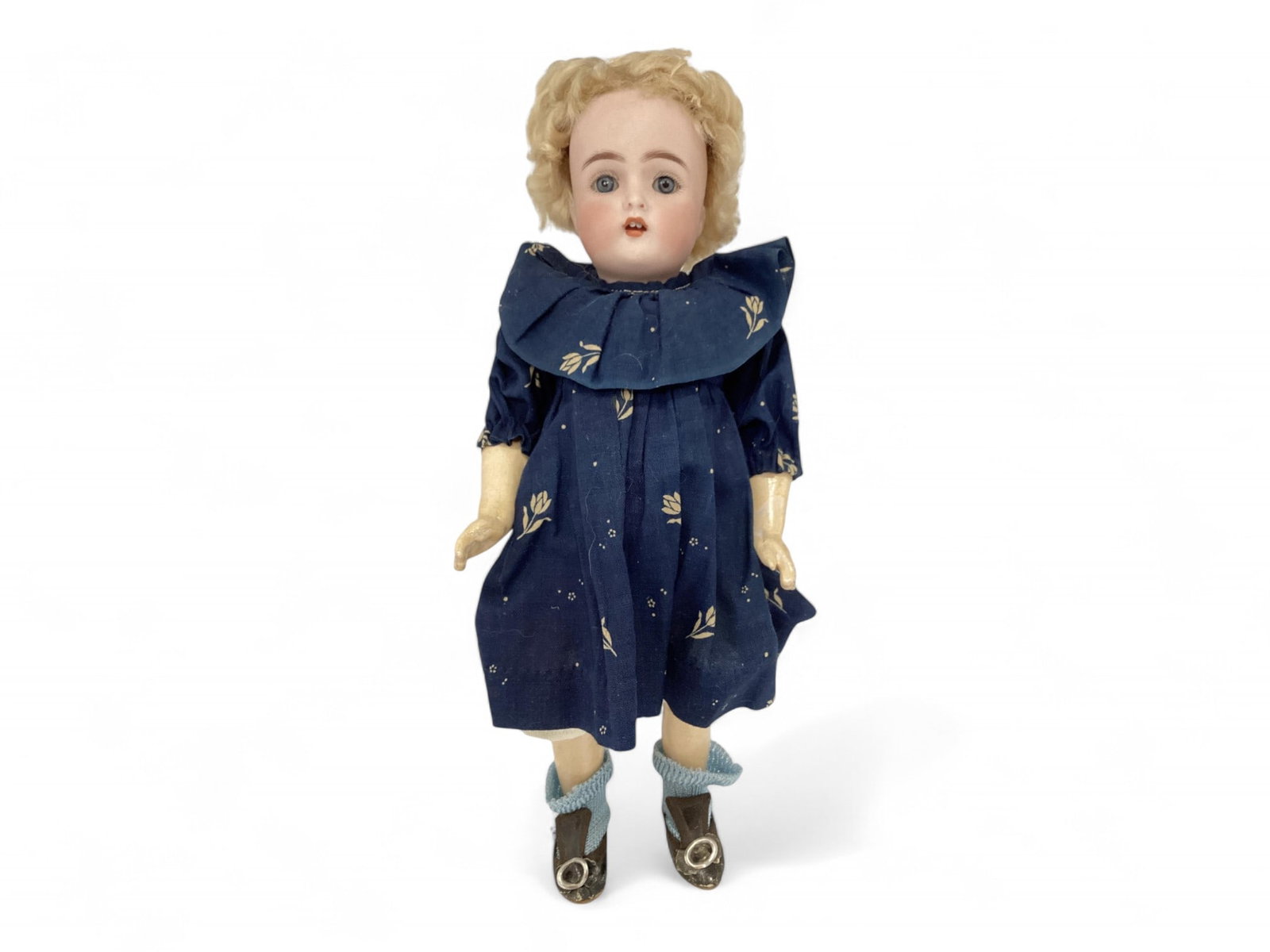 Halbig K&R bisque socket head girl.: Halbig K&R bisque socket head girl. 11" doll with mohair wig, glass sleep eyes, open mouth with teeth, five-piece composition body. Bisque is good with no damage, writing on back of left leg as s