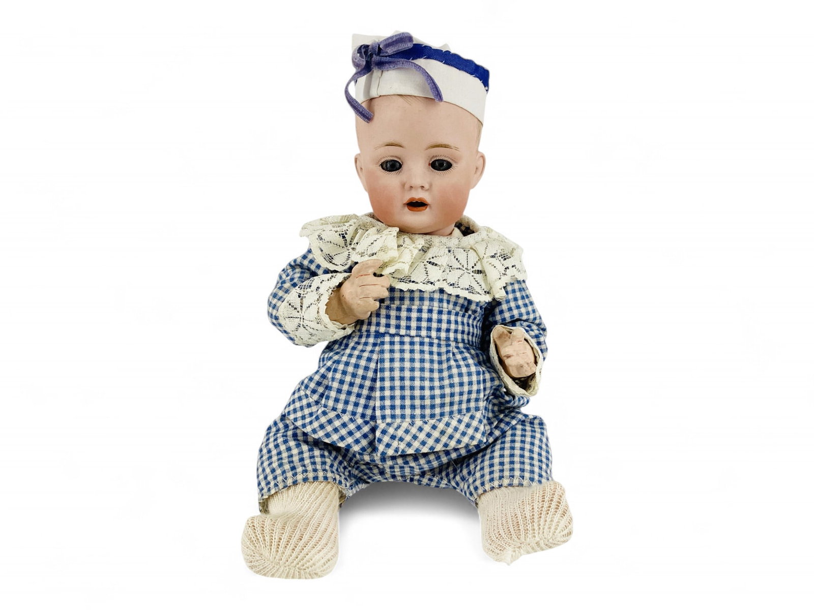 B‰hr & Prˆschild 619 bisque socket head character baby.: B‰hr & Prˆschild 619 bisque socket head character baby. 11" solid dome doll with molded and painted hair, glass sleep eyes, open mouth with teeth, five-piece bent limb baby body, redressed. Sm