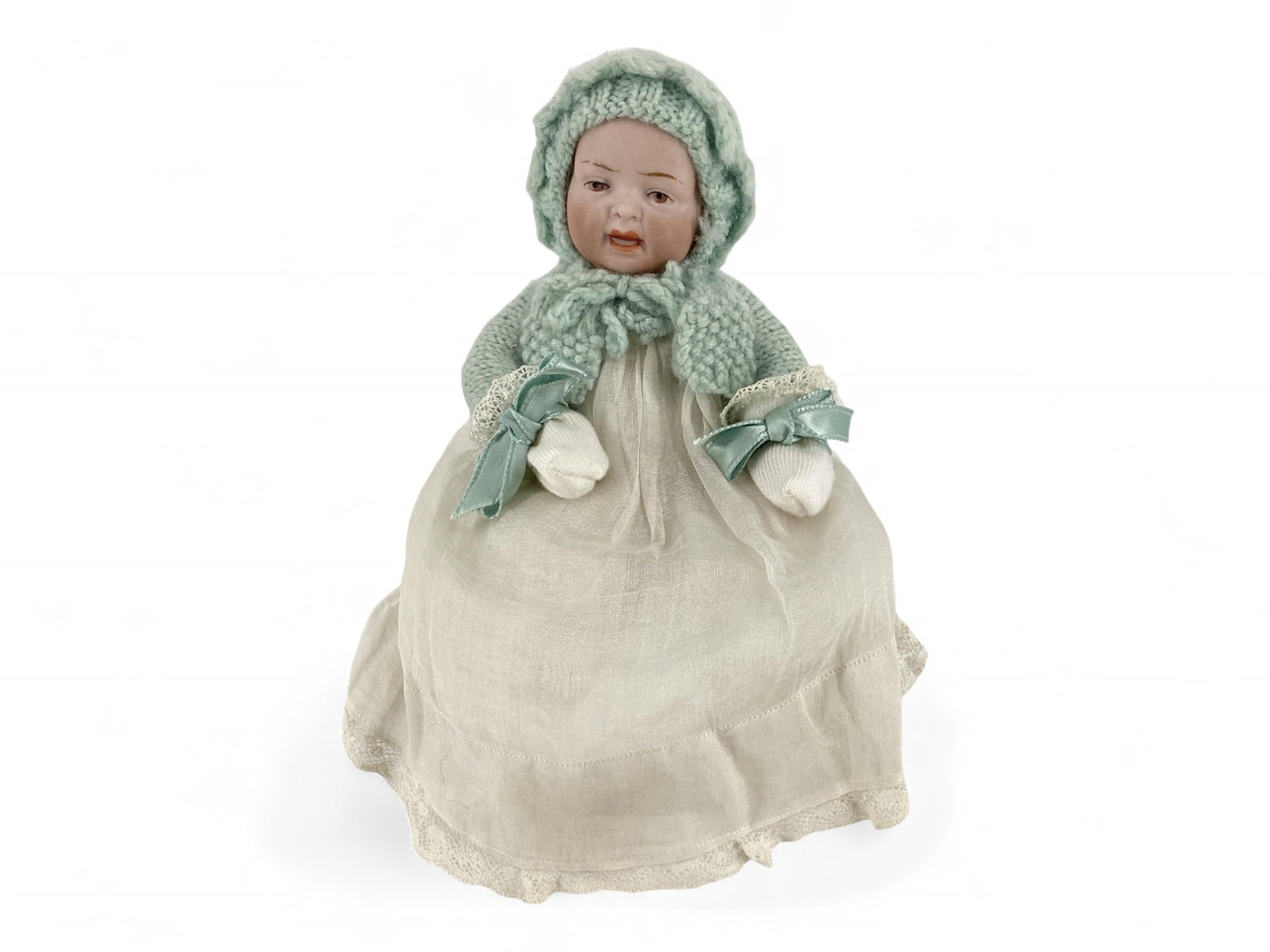 Hertel Schwab 142 all bisque character baby.: Hertel Schwab 142 all bisque character baby. 6 1/2" solid dome doll with molded and painted hair and facial features, open/closed mouth with molded and painted teeth, on five-piece bent limb baby