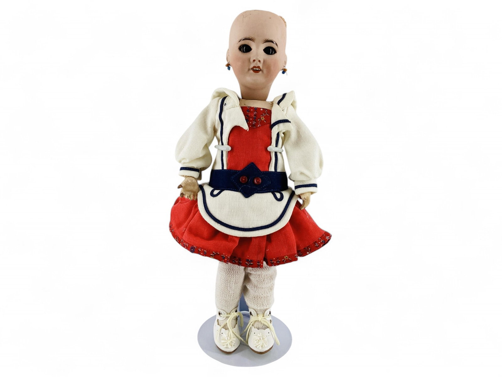S.F.B.J. 301 bisque socket head girl.: S.F.B.J. 301 bisque socket head girl. 12 1/2" doll with glass sleep eyes with eyelashes, pierced ears, open mouth with teeth, jointed composition body, no wig. Several areas of flaking to the com