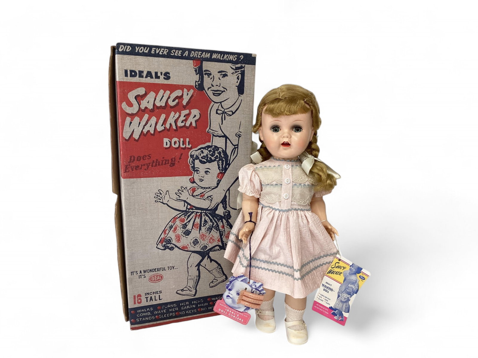 Ideal Saucy Walker Doll #2006 with Original Box: Ideal Saucy Walker Doll #2006 with Original Box Ideal Saucy Walker is 16" tall, all hard plastic with head that turns, jointed arms & legs open mouth with two top teeth. She walks by holding her & mov
